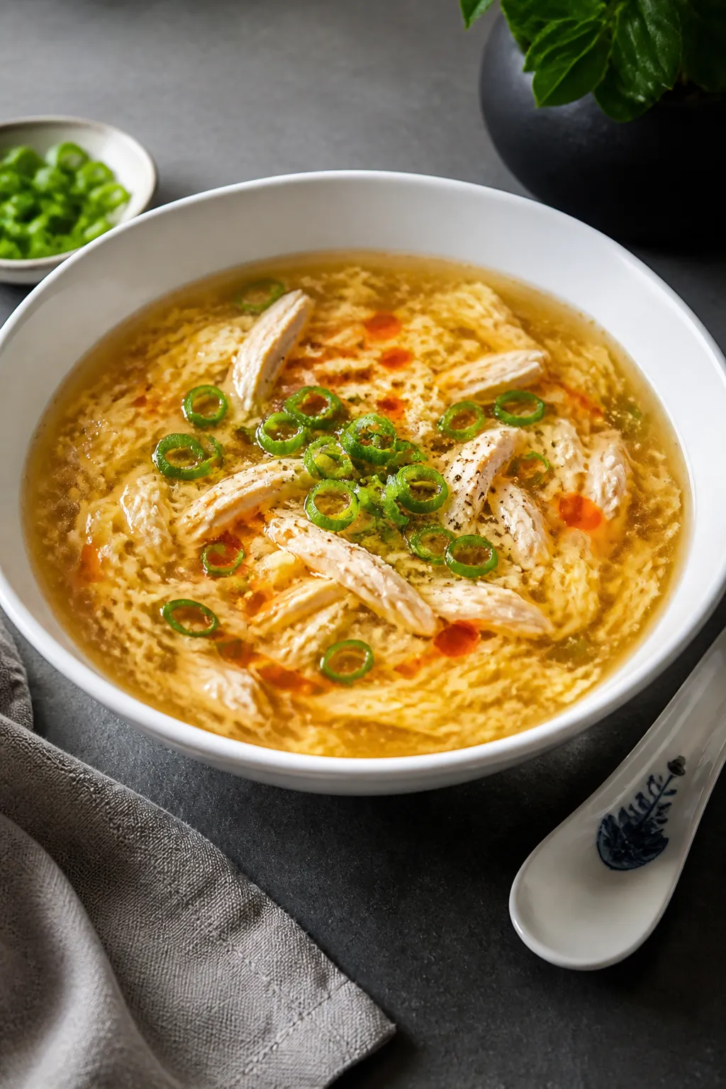 Final plated bowl, restaurant-quality: High protein egg drop soup served in a wide white porcelain b