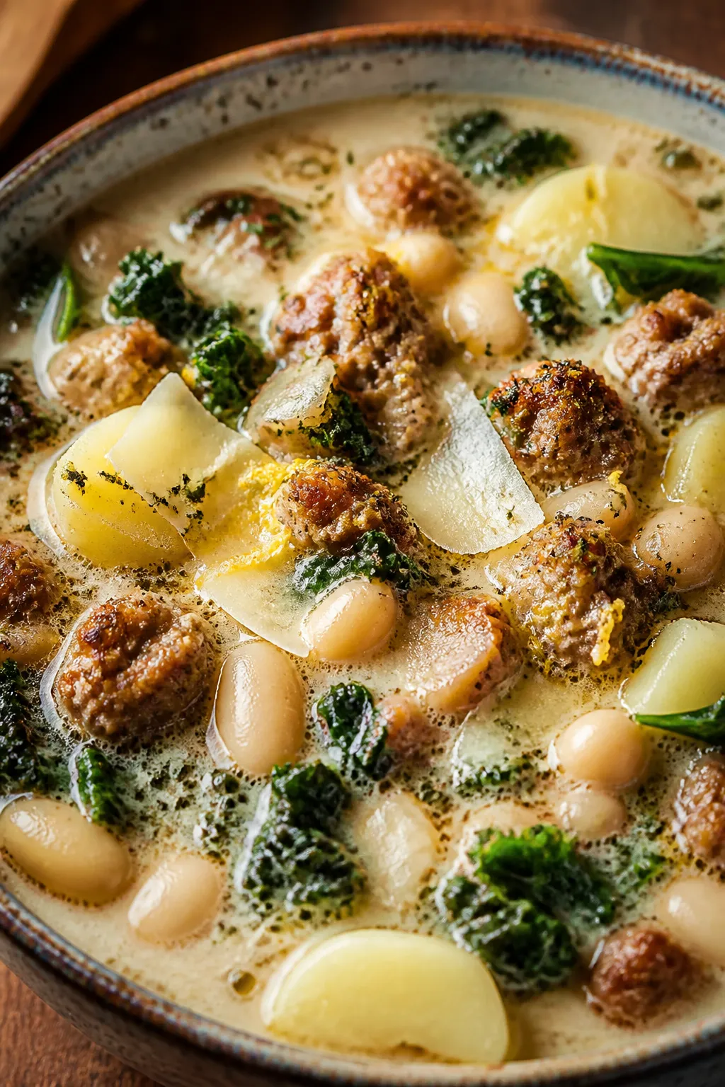 Final plated detail: Ultra close-up of a ladled bowl of Zuppa Toscana with velvety broth made creamy
