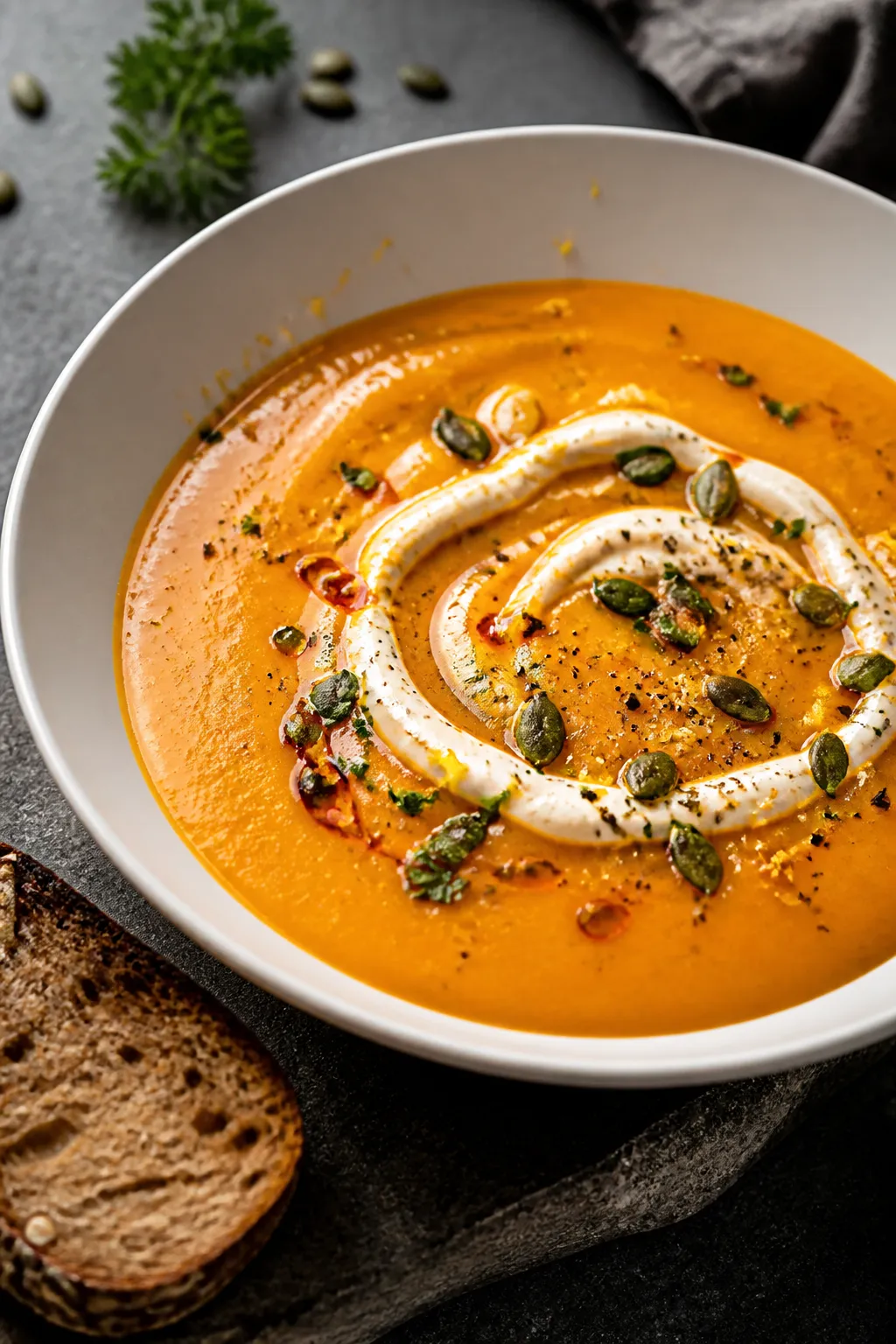Final plated dish, restaurant-quality: Creamy high-protein pumpkin soup ladled into a wide, matte wh