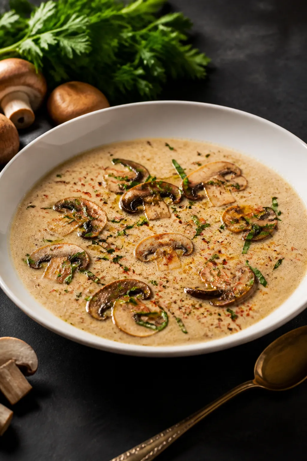 Final plated hero shot: Restaurant-quality presentation of the finished creamy mushroom soup, partia