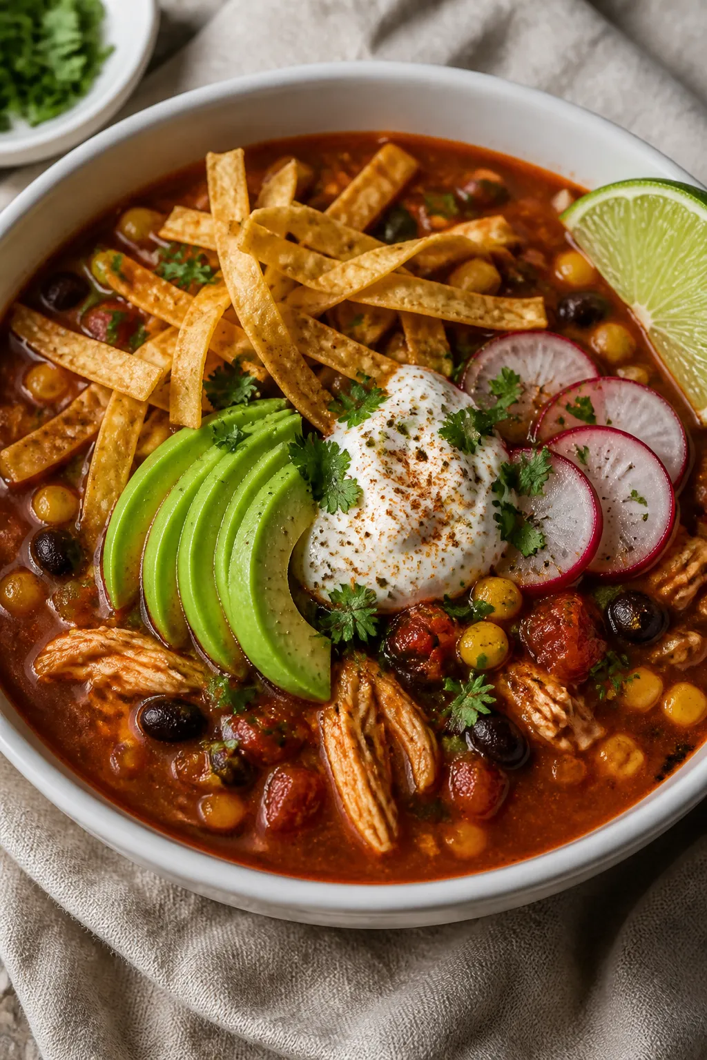Final plated high-protein tortilla soup: Restaurant-quality bowl of finished tortilla soup brimming