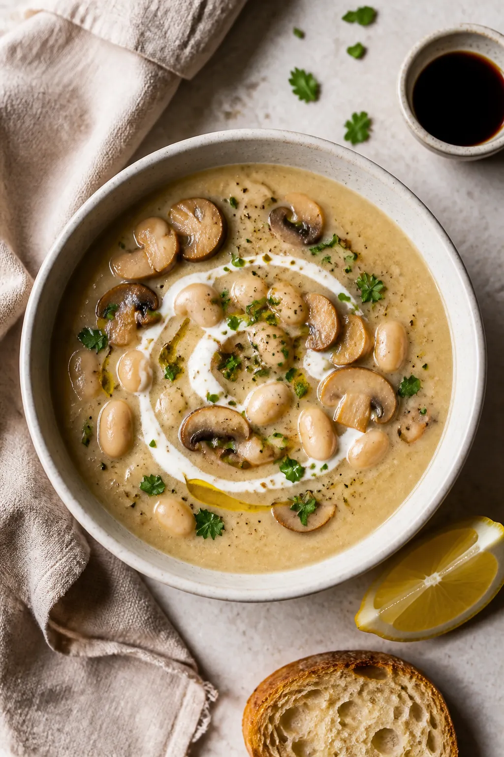 Overhead “tasty top view”: High protein mushroom soup in a matte stoneware bowl, creamy beige-ta