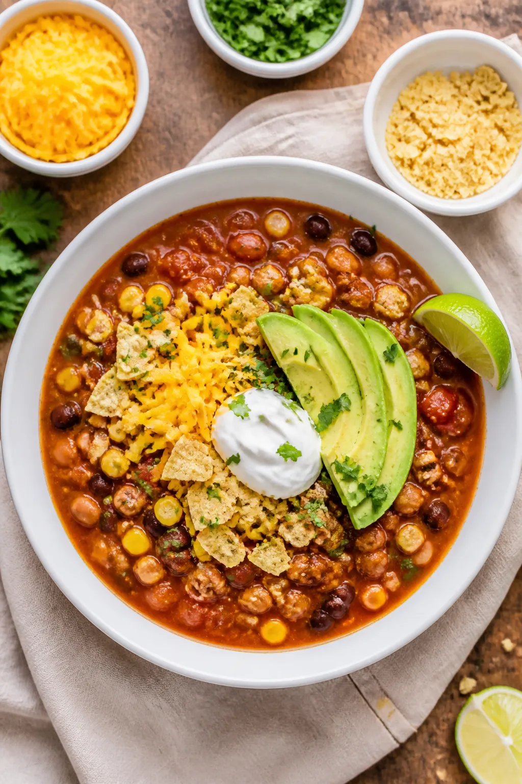 Overhead “tasty top view” of finished high protein taco soup: vibrant, slightly thickened tomato