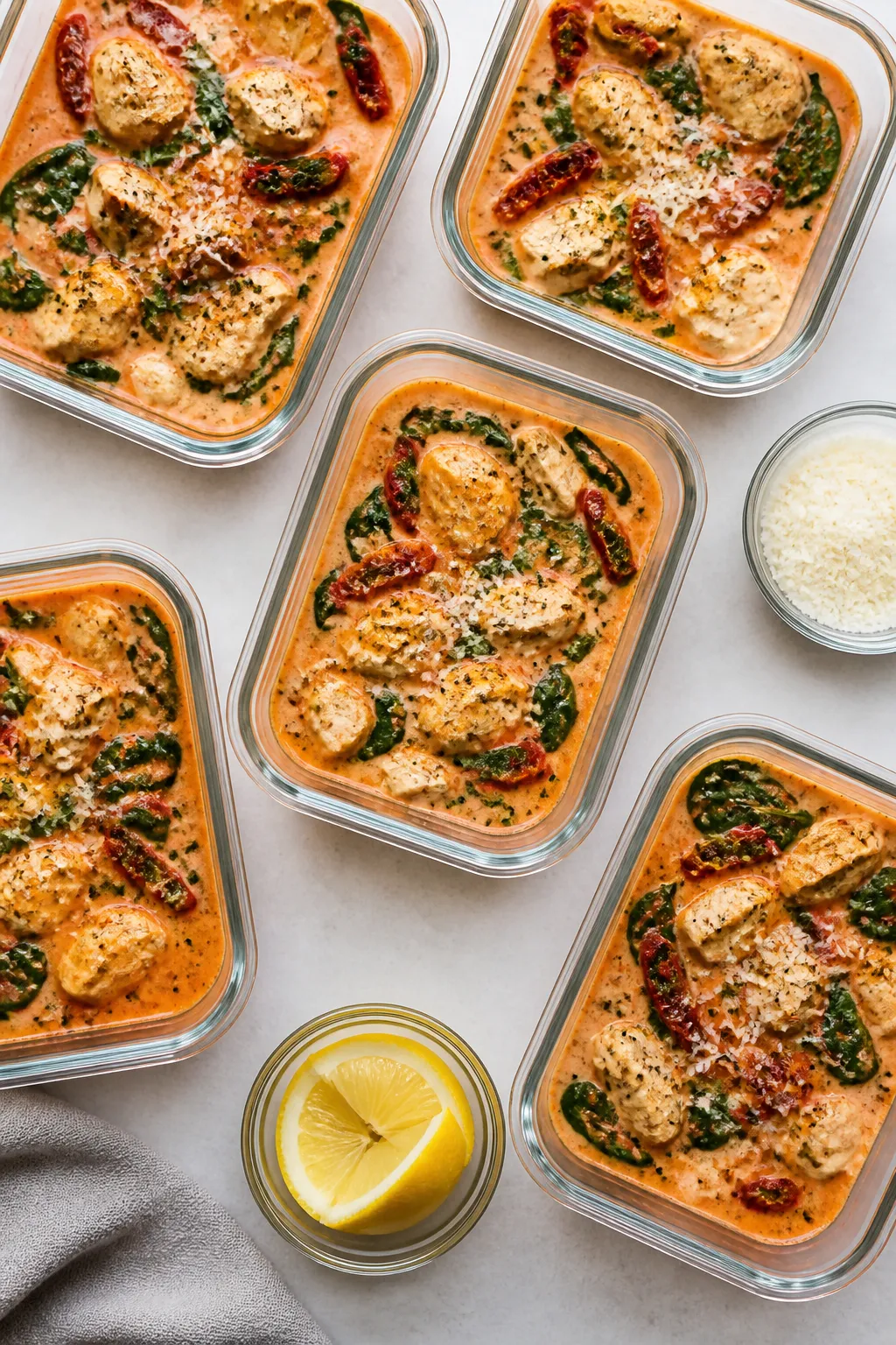 Tasty overhead meal-prep/top view: Top-down shot of multiple portions of the finished soup in clear