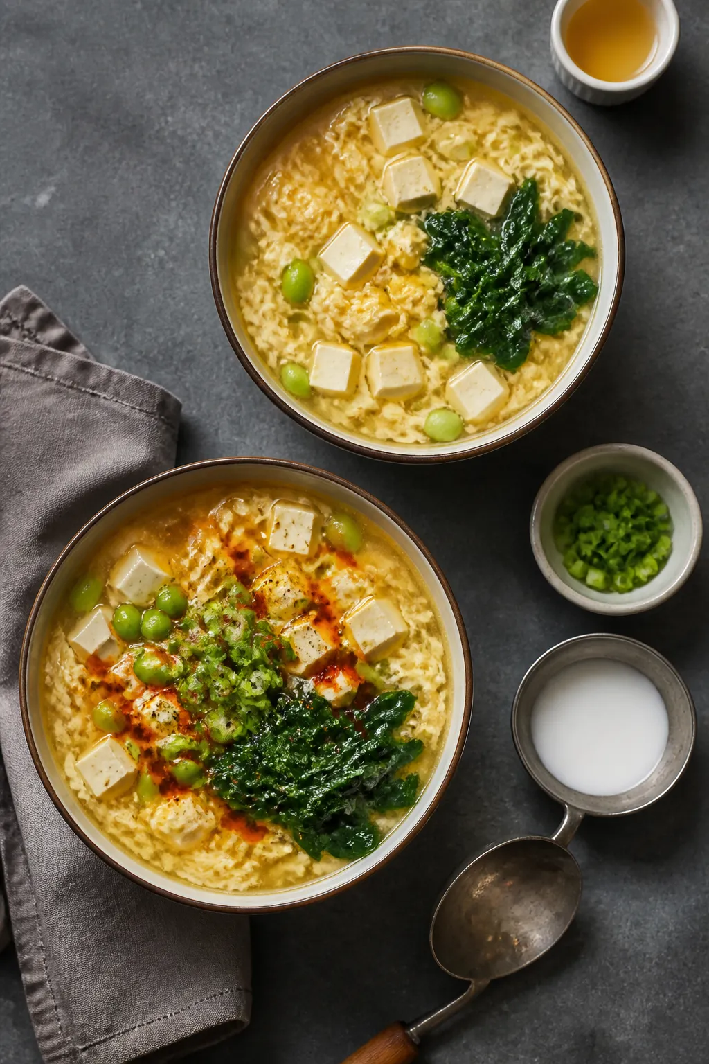 Tasty overhead shot: Top-down composition of two bowls of egg drop soup on a slate-gray surface, sho