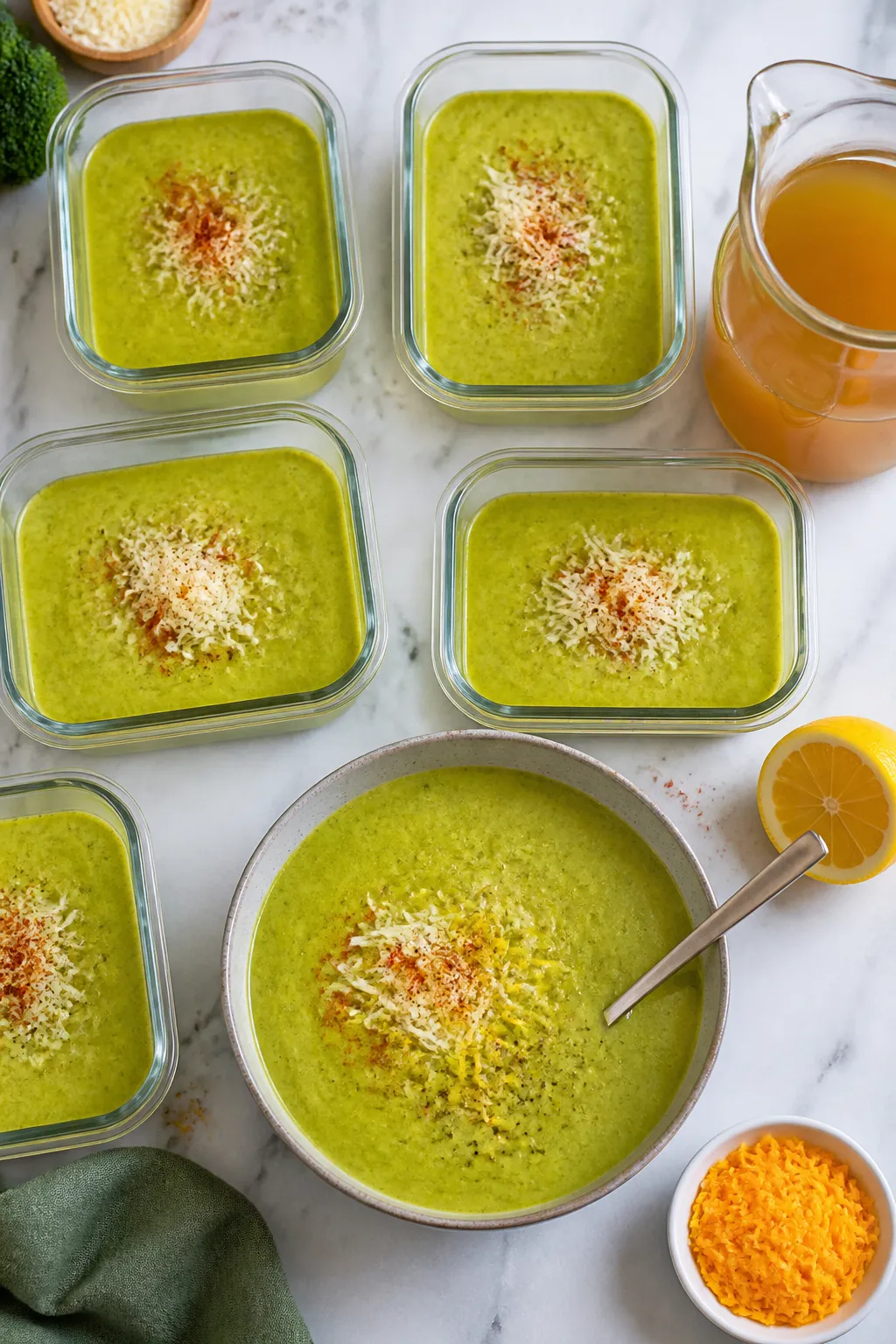 Tasty top-down meal-prep spread: Overhead shot of multiple portions of the finished broccoli soup in