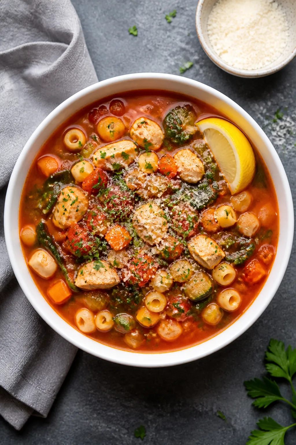 Tasty top view — balanced bowl: Overhead shot of a generous bowl of finished high-protein minestro