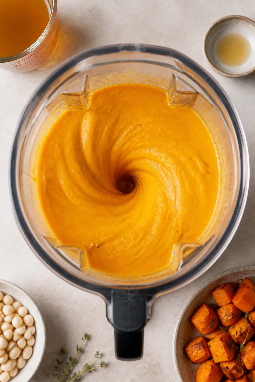 Tasty top view, blending stage: Overhead shot of a high-speed blender jar filled with silky, vividly