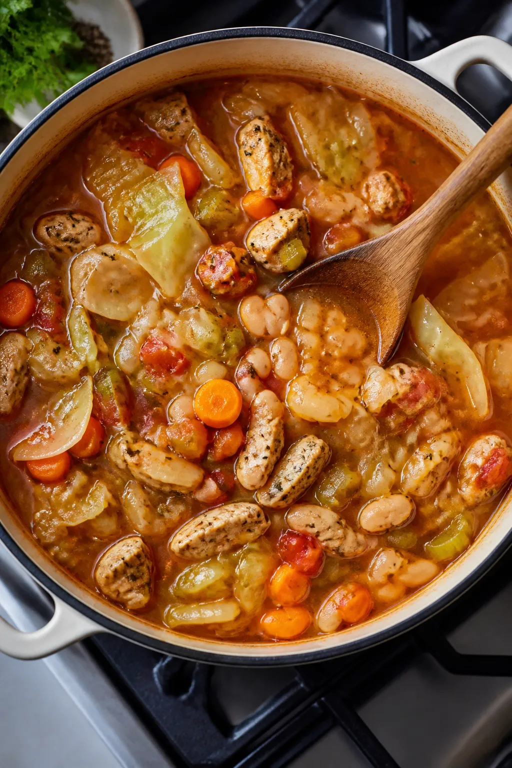 Tasty top view — Hearty simmering cabbage soup: overhead shot of the soup mid-simmer in a wide pot