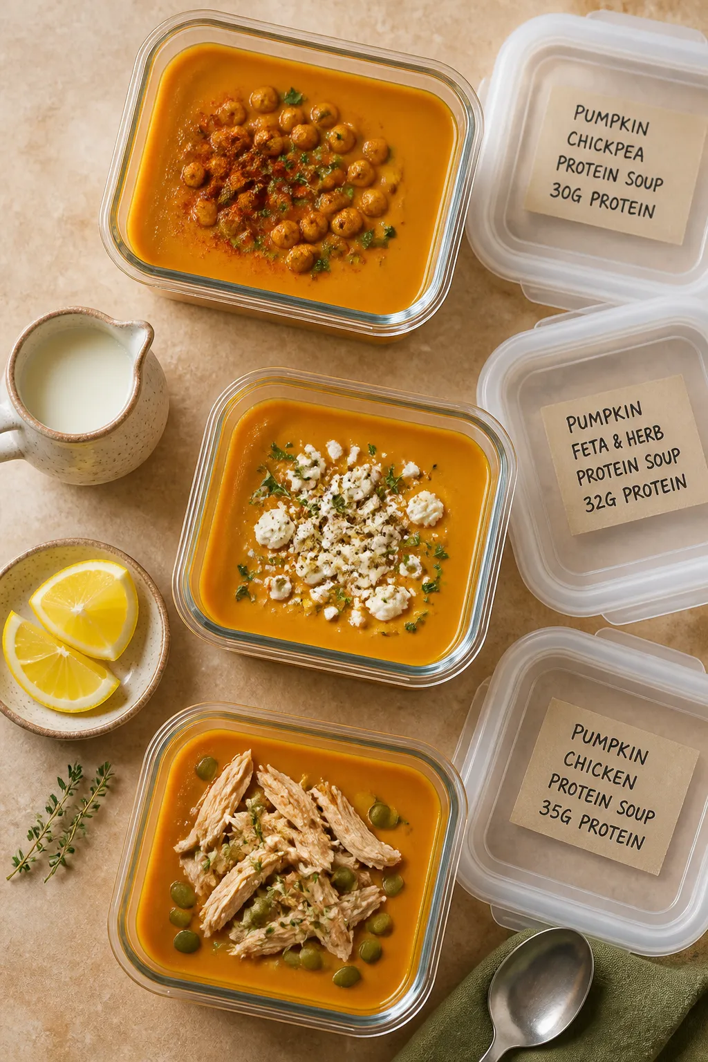 Tasty top view, meal-prep focus: Overhead shot of several airtight glass containers filled with the