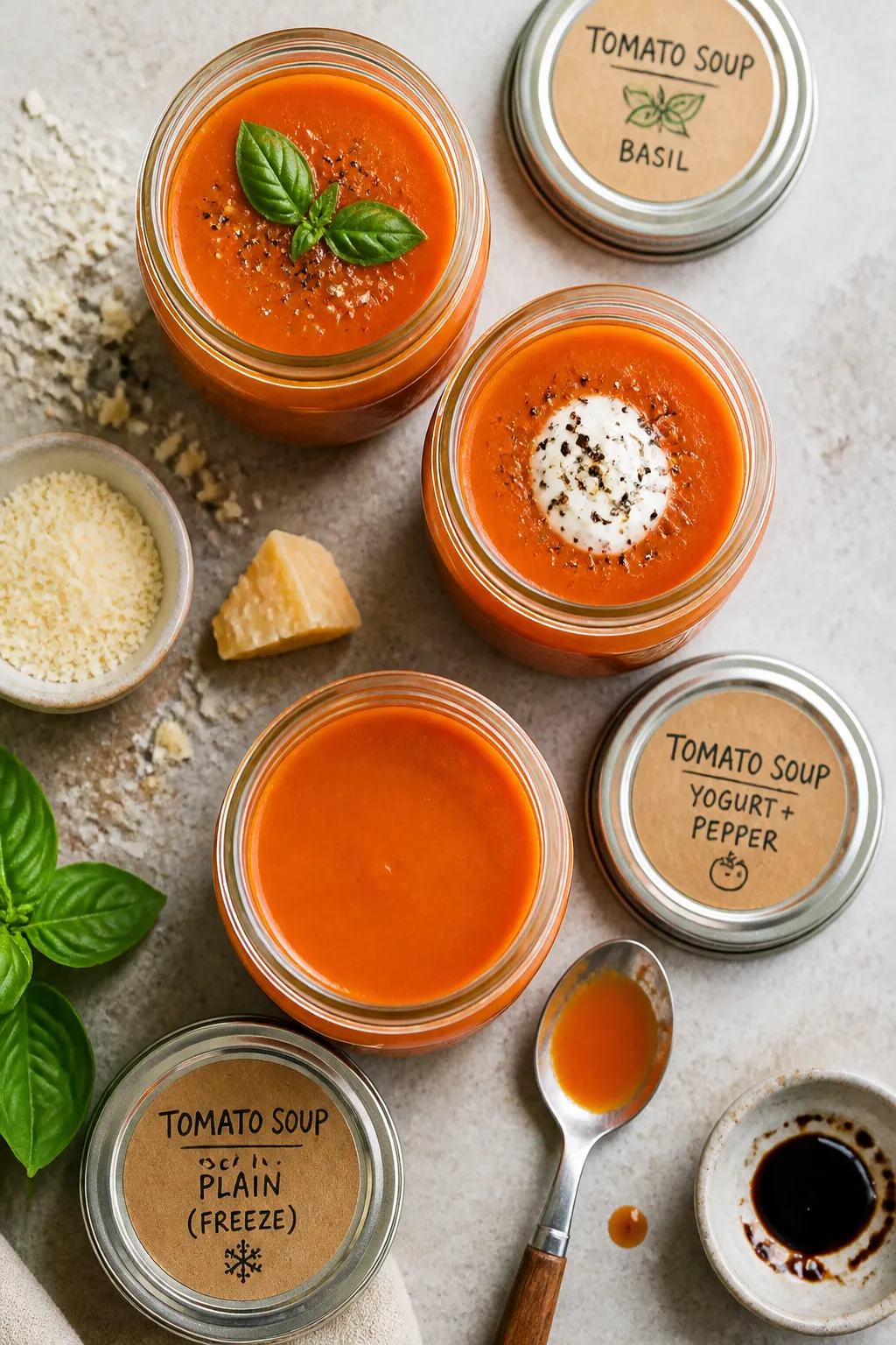 Tasty top-view meal-prep scene: Overhead shot of multiple single-serve glass jars filled with the bl