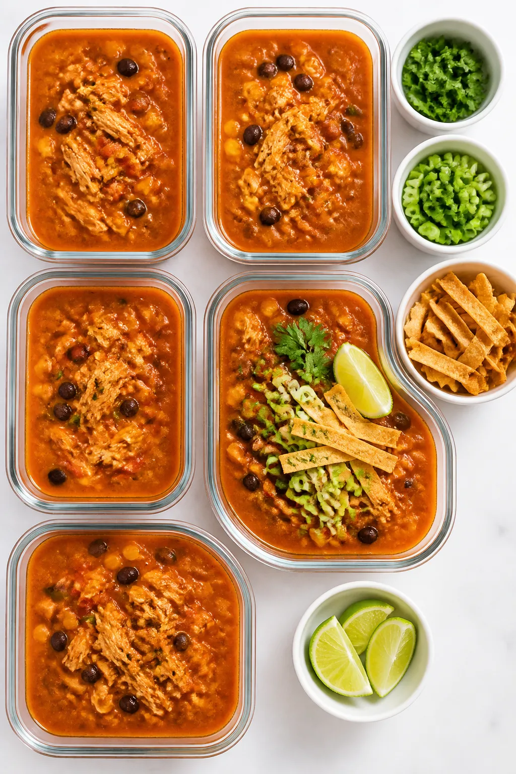 Tasty top view — meal-prep variety: Overhead shot of multiple portions of chicken enchilada soup i