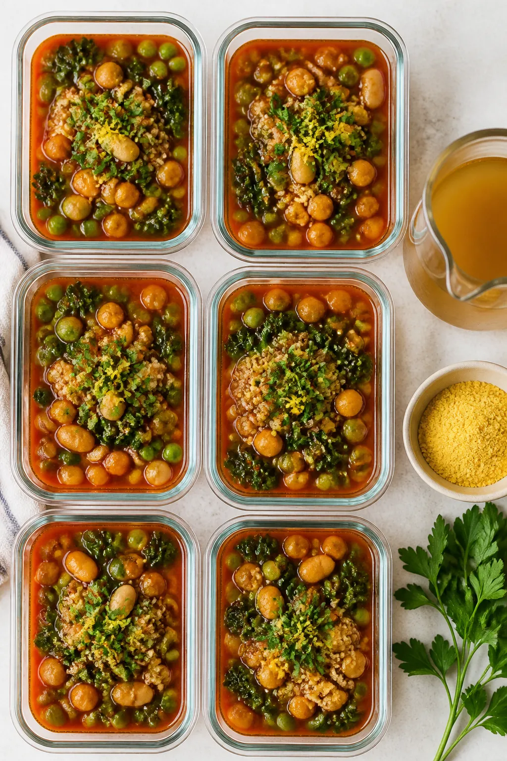 Tasty top view, meal-prep vibe: Overhead shot of multiple portions of the finished soup ladled into 