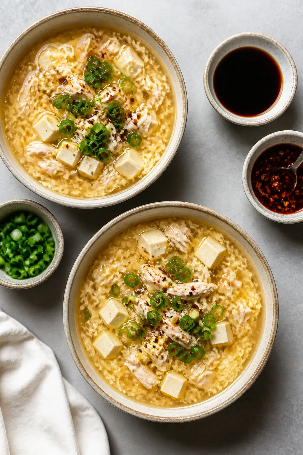Tasty top view, overhead composition: Overhead shot of two bowls of egg drop soup showcasing distinc