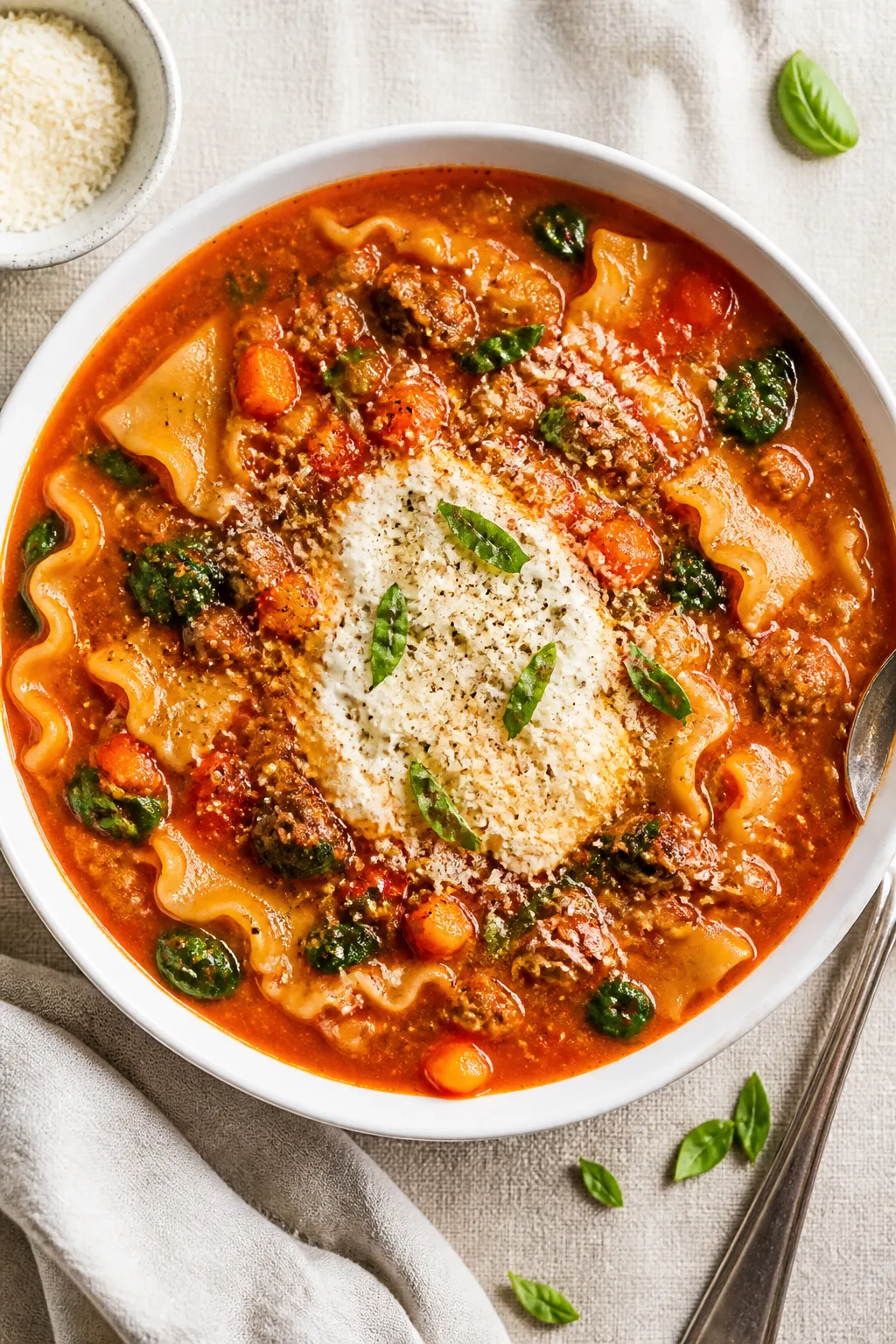 Tasty top view, overhead: Overhead shot of a bowl of high protein lasagna soup, noodles fanned throu