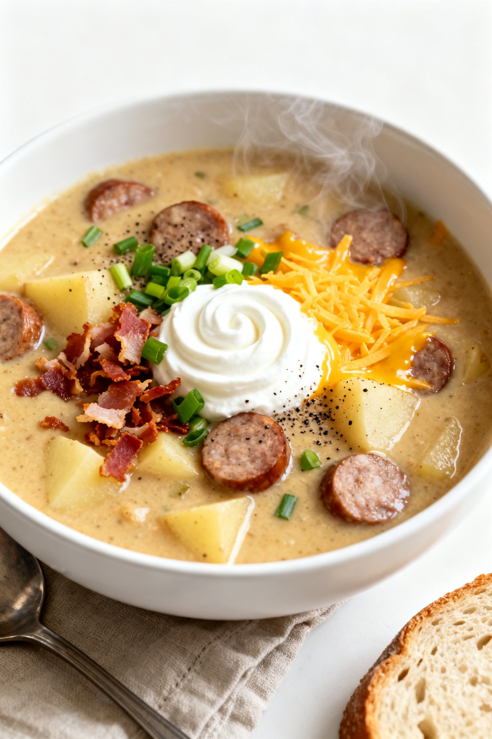 Tasty top view: Overhead shot of a bowl of high-protein potato soup, thick and creamy with visible p