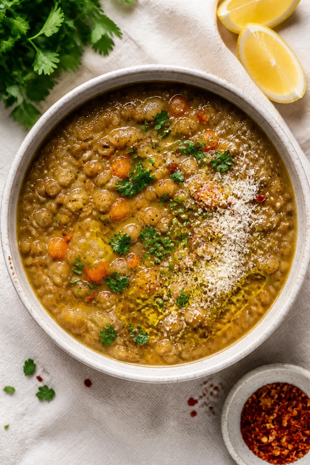 Tasty top view: Overhead shot of a bowl of high-protein lentil soup finished with lemon juice, toppe