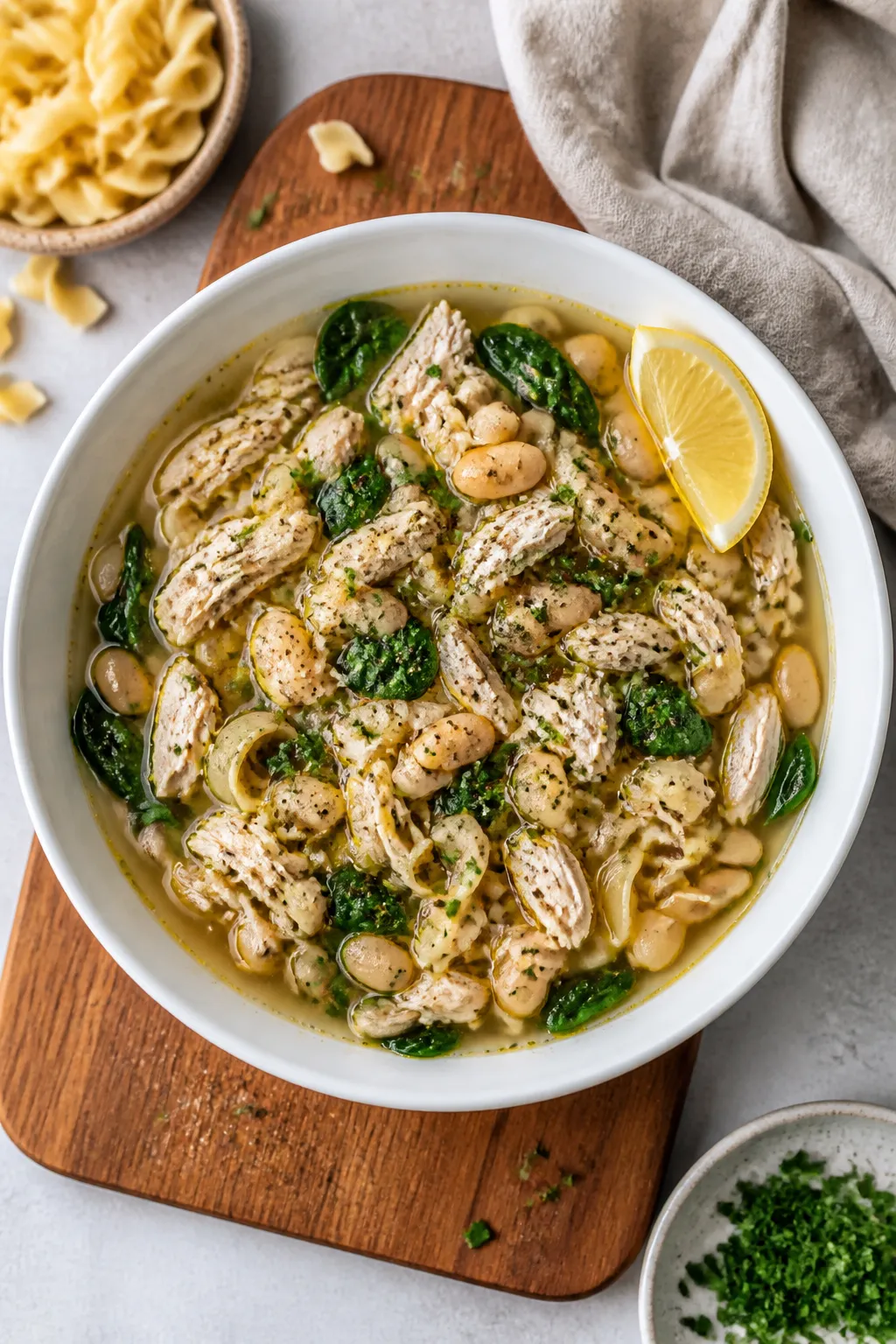 Tasty top view: Overhead shot of a finished bowl of high-protein chicken noodle soup in a wide white