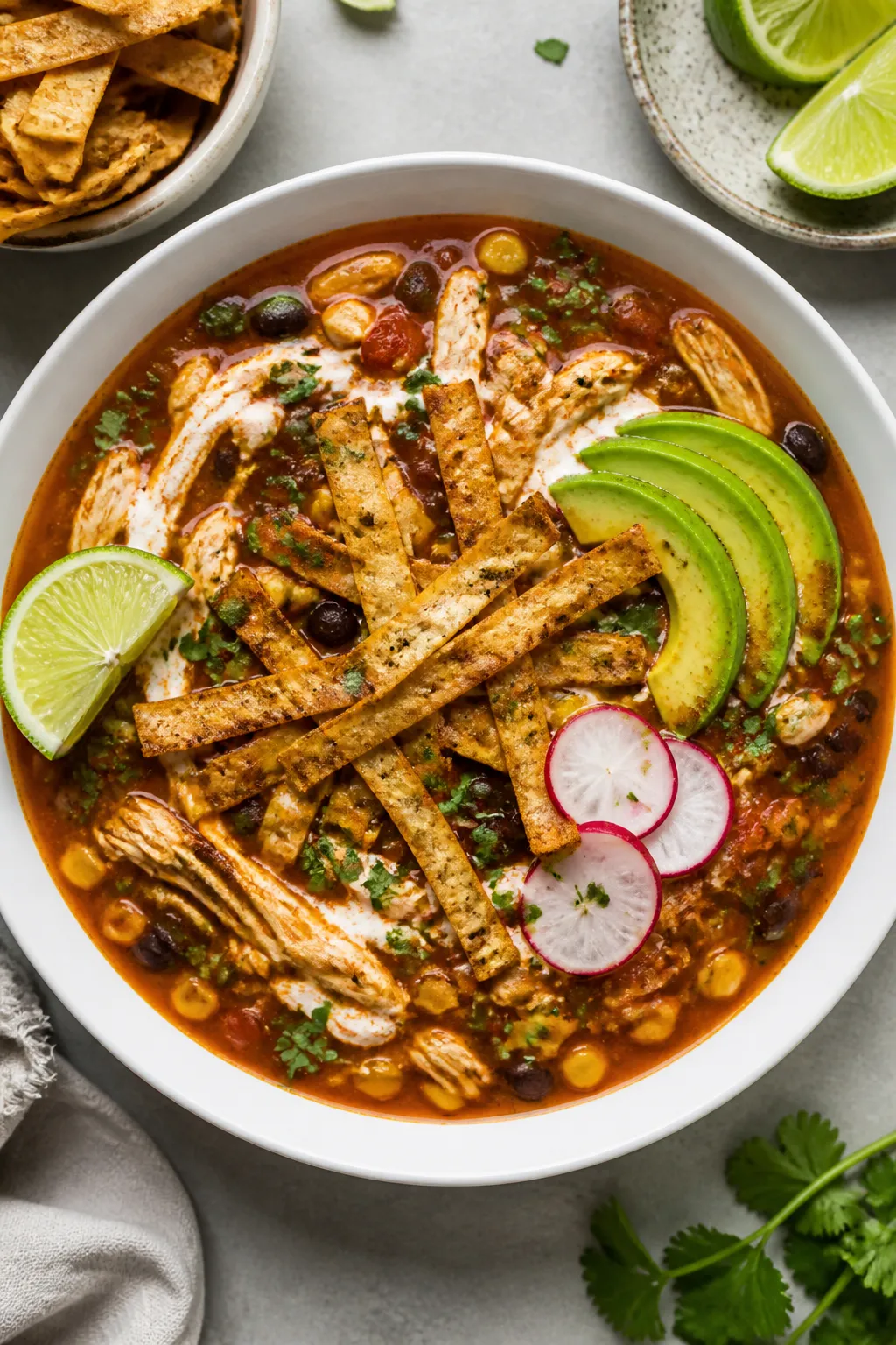 Tasty top view: Overhead shot of finished high-protein chicken tortilla soup in a wide white bowl—