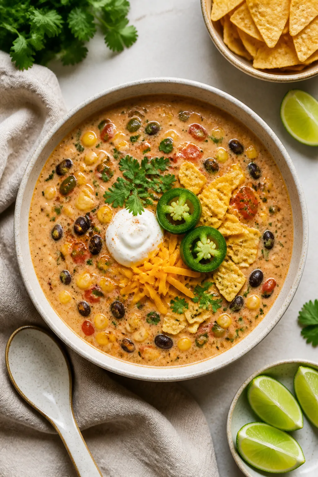Tasty top-view: Overhead shot of high protein creamy taco soup just after dairy is incorporated—si