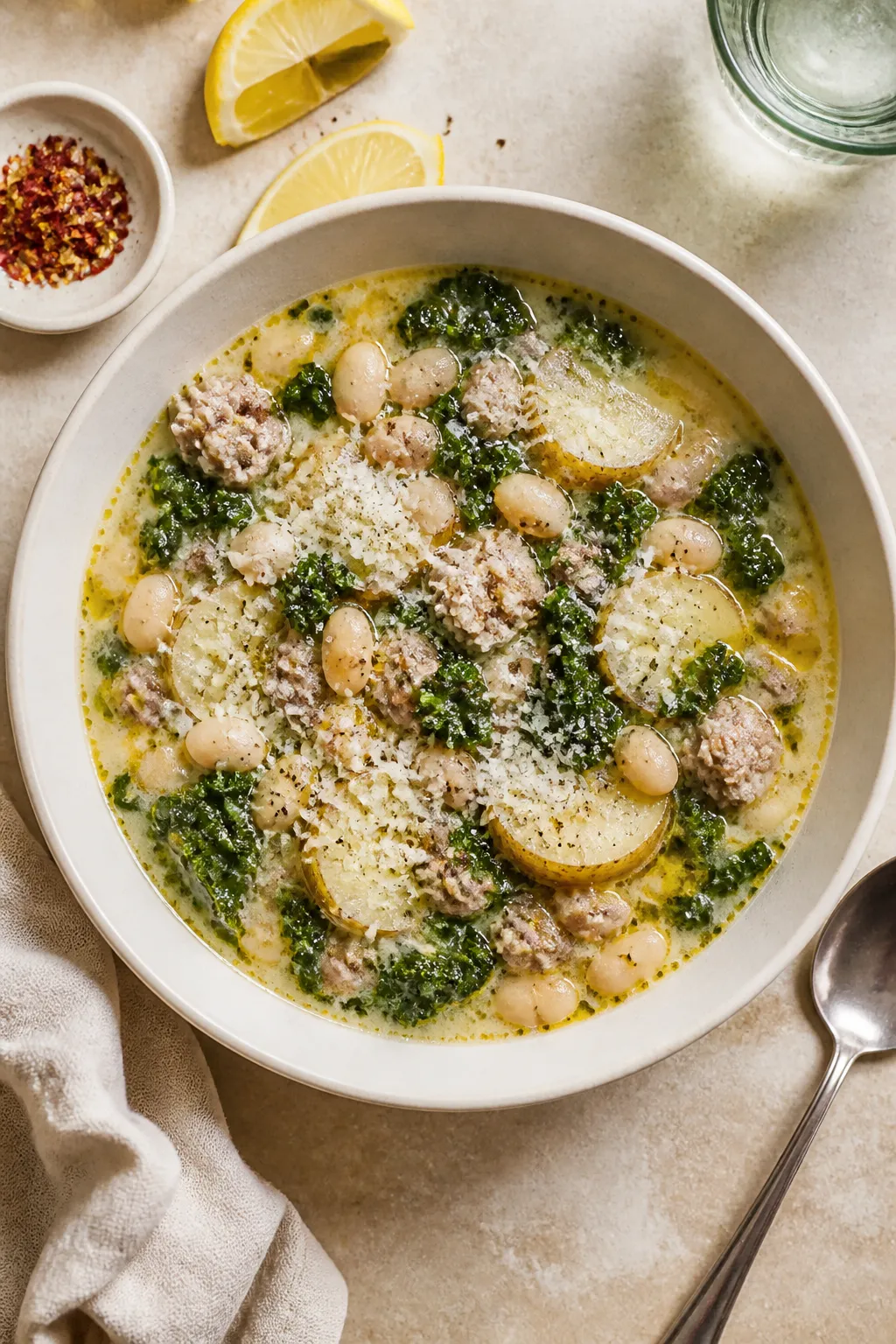 Tasty top view: Overhead shot of high protein Zuppa Toscana in a wide, matte white bowl—creamy pal