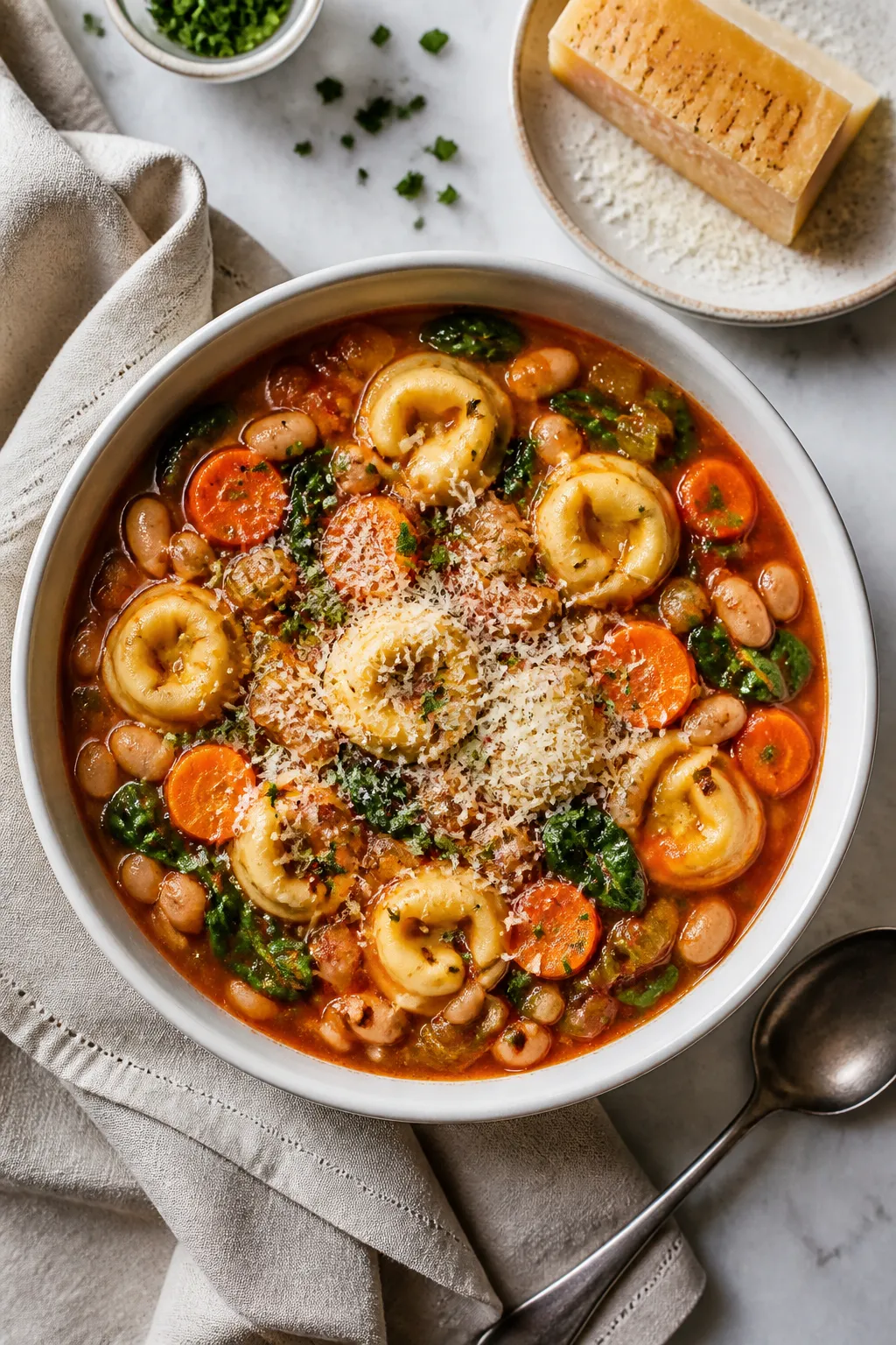 Tasty top view: Overhead shot of the finished high-protein tortellini soup in a matte white soup bow