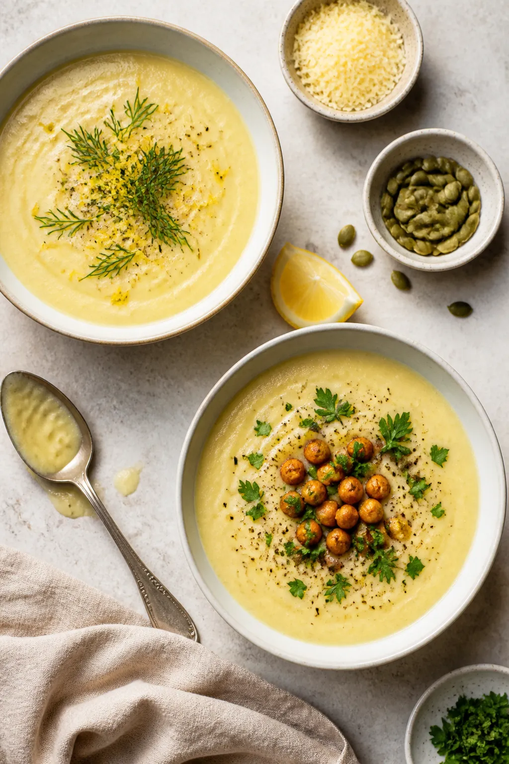 Tasty top view: Overhead shot of two bowls of the finished soup on a light stone surface, one garnis